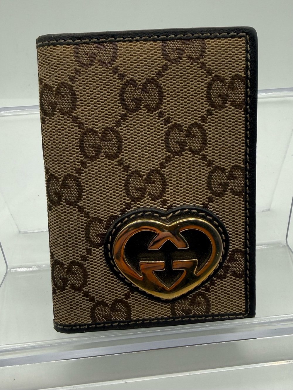 Gucci Brown Tan Monogram Card Holder wallet with Heart Logo